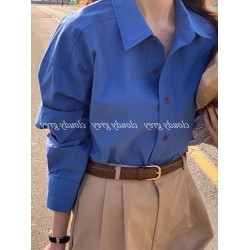 早秋新品純棉寬鬆襯衣韓範襯衣女打底高級感別致克萊因藍襯衫