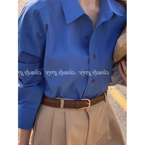 早秋新品純棉寬鬆襯衣韓範襯衣女打底高級感別致克萊因藍襯衫