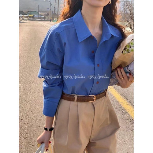 早秋新品純棉寬鬆襯衣韓範襯衣女打底高級感別致克萊因藍襯衫