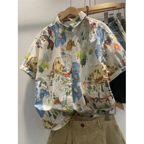 日系高級出口短袖襯衫女休閒寬鬆百搭印染輕薄純棉娃娃領上衣