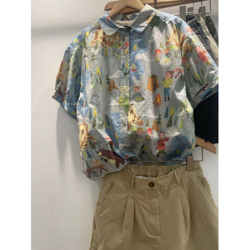 日系高級出口短袖襯衫女休閒寬鬆百搭印染輕薄純棉娃娃領上衣