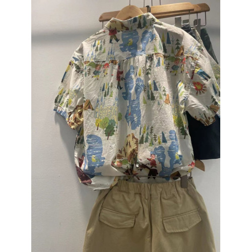 日系高級出口短袖襯衫女休閒寬鬆百搭印染輕薄純棉娃娃領上衣