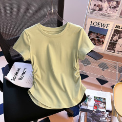 廣州十三行高貨爆款~設計感小衆褶皺弧形下擺收腰正肩短袖t恤女夏