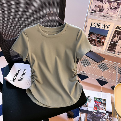 廣州十三行高貨爆款~設計感小衆褶皺弧形下擺收腰正肩短袖t恤女夏