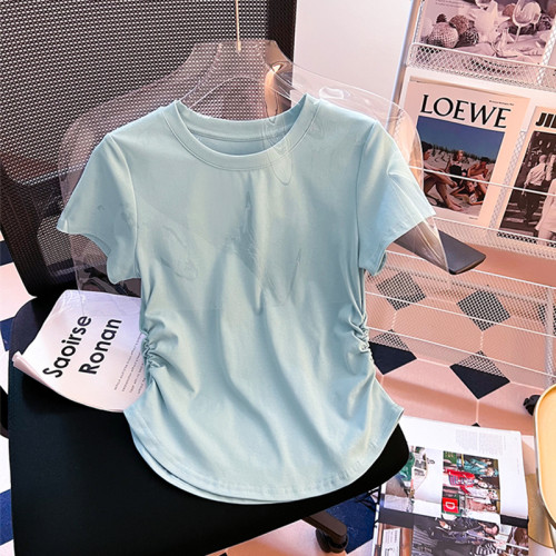 廣州十三行高貨爆款~設計感小衆褶皺弧形下擺收腰正肩短袖t恤女夏