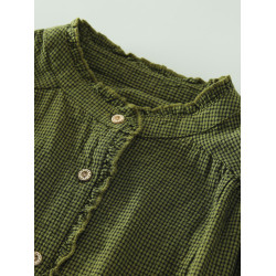 春秋款文藝復古木耳花邊立領格子襯衫女日系寬鬆百搭長袖襯衣上衣