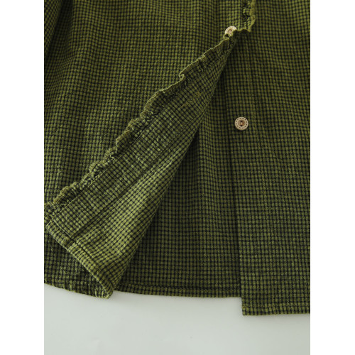 春秋款文藝復古木耳花邊立領格子襯衫女日系寬鬆百搭長袖襯衣上衣