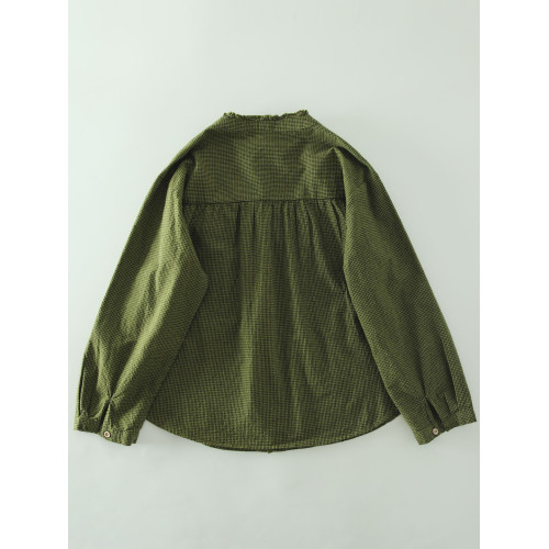 春秋款文藝復古木耳花邊立領格子襯衫女日系寬鬆百搭長袖襯衣上衣