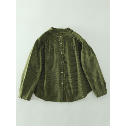 春秋款文藝復古木耳花邊立領格子襯衫女日系寬鬆百搭長袖襯衣上衣