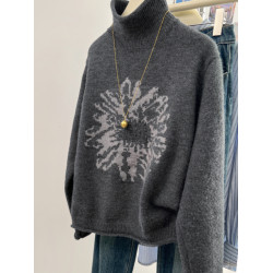 十三行高級歐貨復古深灰色提花高領毛衣女秋冬寬鬆慵懶加厚針織衫