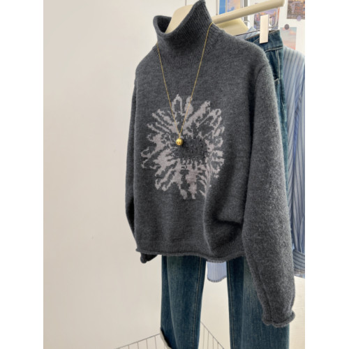 十三行高級歐貨復古深灰色提花高領毛衣女秋冬寬鬆慵懶加厚針織衫