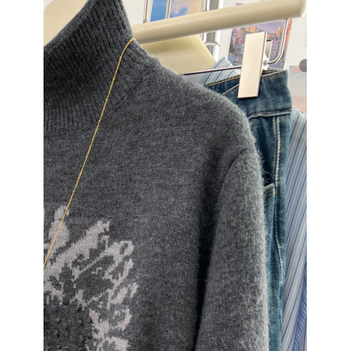 十三行高級歐貨復古深灰色提花高領毛衣女秋冬寬鬆慵懶加厚針織衫