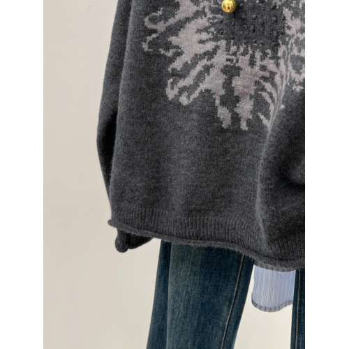 十三行高級歐貨復古深灰色提花高領毛衣女秋冬寬鬆慵懶加厚針織衫