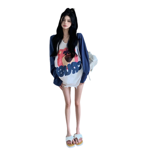 冰絲外穿戶外連帽長袖t恤女夏季草莓小熊休閒V領插肩防曬衣服