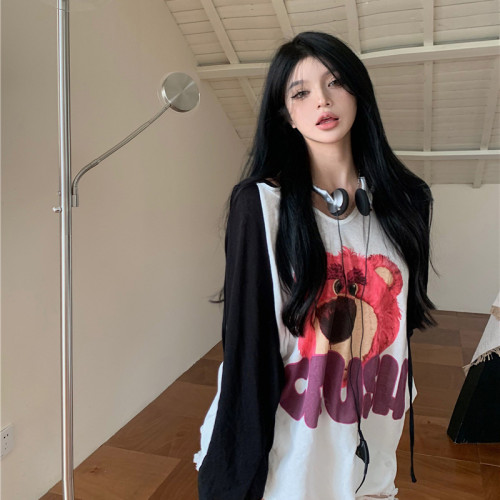 冰絲外穿戶外連帽長袖t恤女夏季草莓小熊休閒V領插肩防曬衣服