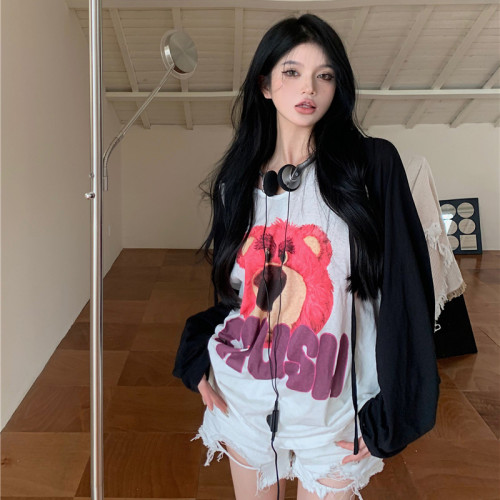 冰絲外穿戶外連帽長袖t恤女夏季草莓小熊休閒V領插肩防曬衣服