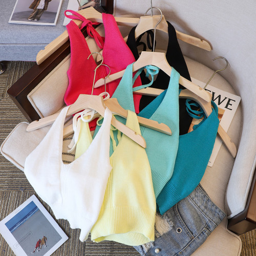 專櫃撤廻剪標小吊帶辣妹抹胸美背上衣女夏新款設計感系帶掛脖背心