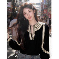 法式復古黑色花邊襯衫女減齡絕美氣質百搭高級赫本風獨特小衆上衣