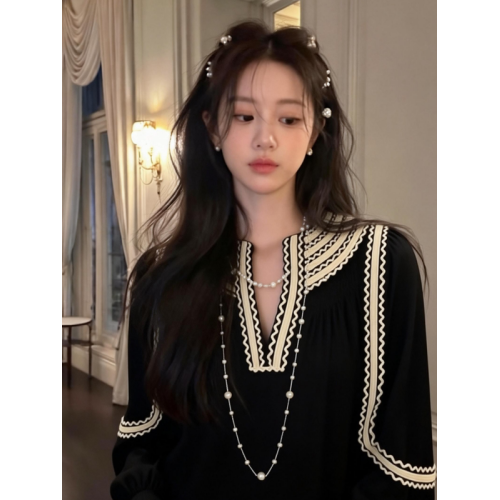 法式復古黑色花邊襯衫女減齡絕美氣質百搭高級赫本風獨特小衆上衣