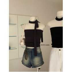 十三行 一字領飄帶針織抹胸性感緊身辣妹外穿內搭短款上衣