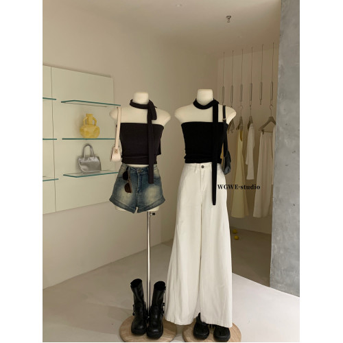 十三行 一字領飄帶針織抹胸性感緊身辣妹外穿內搭短款上衣