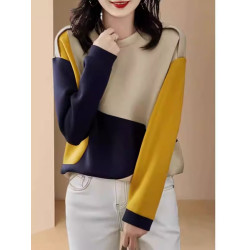 時尚高級感2025年新款秋季女裝法式設計休閒圓領撞色拼接寬鬆衛衣