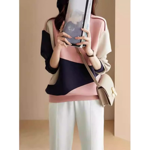 時尚高級感2025年新款秋季女裝法式設計休閒圓領撞色拼接寬鬆衛衣