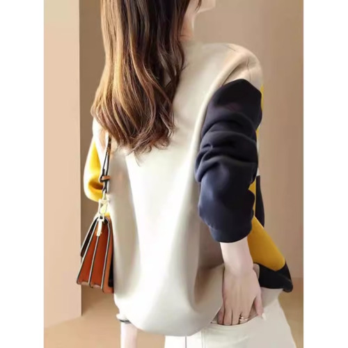 時尚高級感2025年新款秋季女裝法式設計休閒圓領撞色拼接寬鬆衛衣