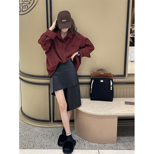 今年爆款酒紅襯衫女2024秋冬設計感小衆長袖燈芯絨百搭襯衣女外穿