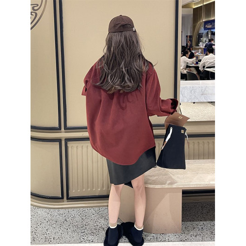 今年爆款酒紅襯衫女2024秋冬設計感小衆長袖燈芯絨百搭襯衣女外穿