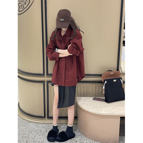 今年爆款酒紅襯衫女2024秋冬設計感小衆長袖燈芯絨百搭襯衣女外穿