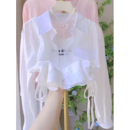 十三行韓系簡約百搭薄款防曬襯衫女夏季純色時尚襯衣配背心兩件套 十三行韓系簡約百搭薄款防曬襯衫女夏季純色時尚襯衣配背心兩件套