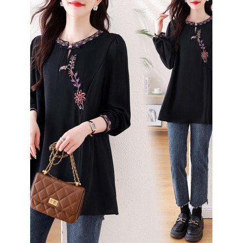 九月陌墨秋氣質顯瘦新中式刺綉襯衣大碼女裝寬鬆遮肚顯瘦長袖上衣