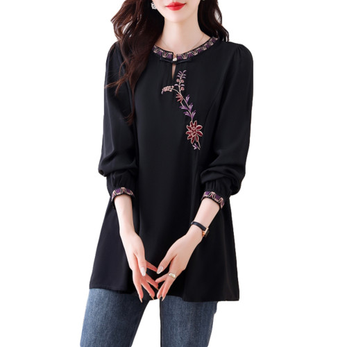 九月陌墨秋氣質顯瘦新中式刺綉襯衣大碼女裝寬鬆遮肚顯瘦長袖上衣