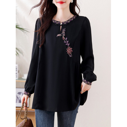 九月陌墨秋氣質顯瘦新中式刺綉襯衣大碼女裝寬鬆遮肚顯瘦長袖上衣