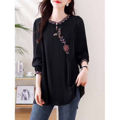 九月陌墨秋氣質顯瘦新中式刺綉襯衣大碼女裝寬鬆遮肚顯瘦長袖上衣