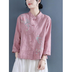 風刺綉棉麻襯衫女春秋2026復古盤釦長袖立領茶服寬鬆亞麻上衣