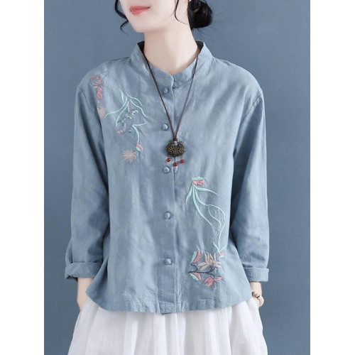 風刺綉棉麻襯衫女春秋2026復古盤釦長袖立領茶服寬鬆亞麻上衣