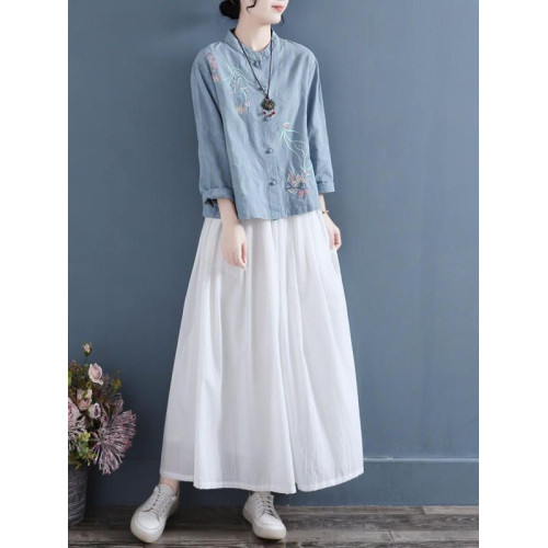 風刺綉棉麻襯衫女春秋2026復古盤釦長袖立領茶服寬鬆亞麻上衣