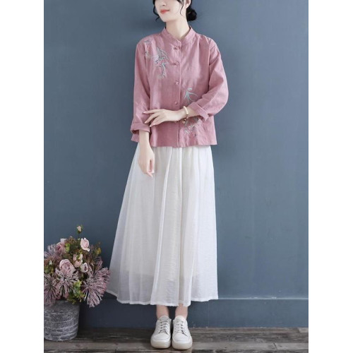 風刺綉棉麻襯衫女春秋2026復古盤釦長袖立領茶服寬鬆亞麻上衣