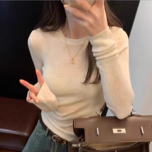 2025早春白色法式圓領修身針織衫女內搭打底衫毛衣設計感小衆上衣