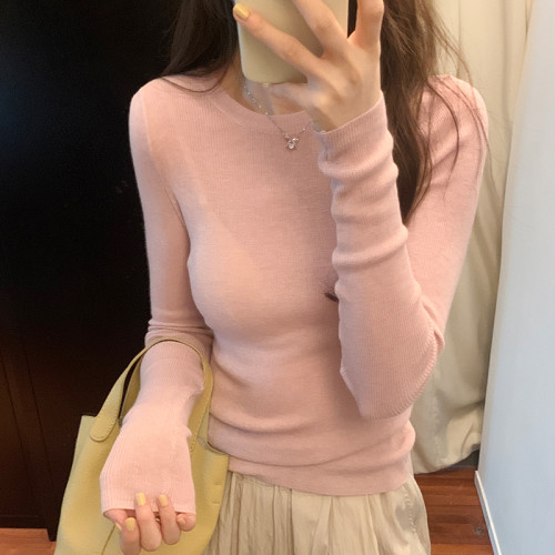 2025早春白色法式圓領修身針織衫女內搭打底衫毛衣設計感小衆上衣