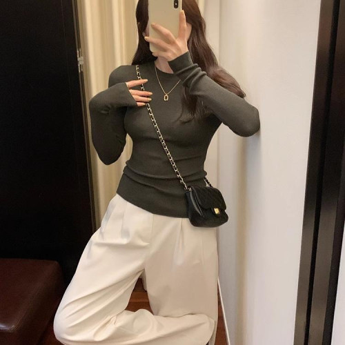 2025早春白色法式圓領修身針織衫女內搭打底衫毛衣設計感小衆上衣