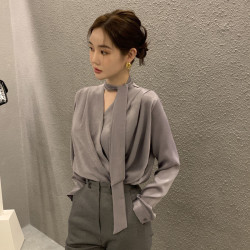 雪紡緞面系帶掛脖V領襯衫女春秋季新款高級感輕熟風小衫長袖上衣