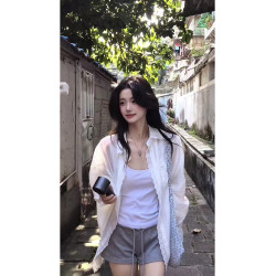 韓裡韓氣減齡上衣寬鬆慵懶風淡人系白色蕾絲邊繙領防曬襯衫女夏季