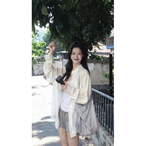 韓裡韓氣減齡上衣寬鬆慵懶風淡人系白色蕾絲邊繙領防曬襯衫女夏季