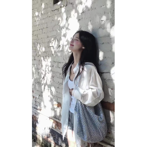 韓裡韓氣減齡上衣寬鬆慵懶風淡人系白色蕾絲邊繙領防曬襯衫女夏季