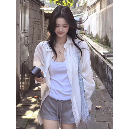 韓裡韓氣減齡上衣寬鬆慵懶風淡人系白色蕾絲邊繙領防曬襯衫女夏季