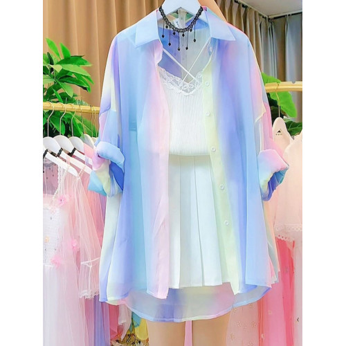 法式時尚彩虹冰絲防曬衣女2026夏款顯瘦雪紡襯衣薄款防曬開衫外套