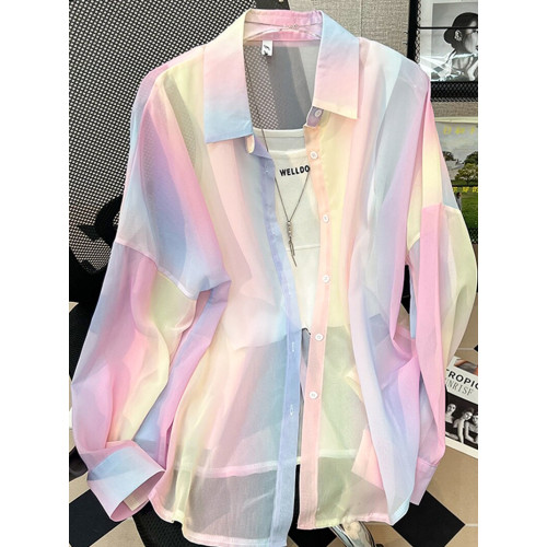 法式時尚彩虹冰絲防曬衣女2026夏款顯瘦雪紡襯衣薄款防曬開衫外套